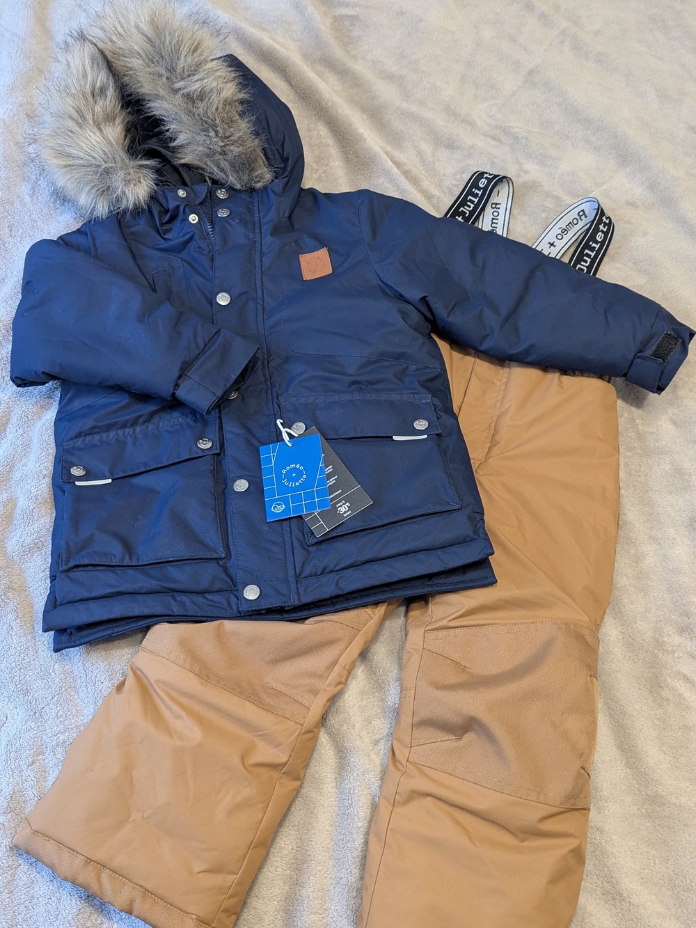 Kids Navy Puffer Jacket with Faux-Fur Hood and Tan Snow Pants
